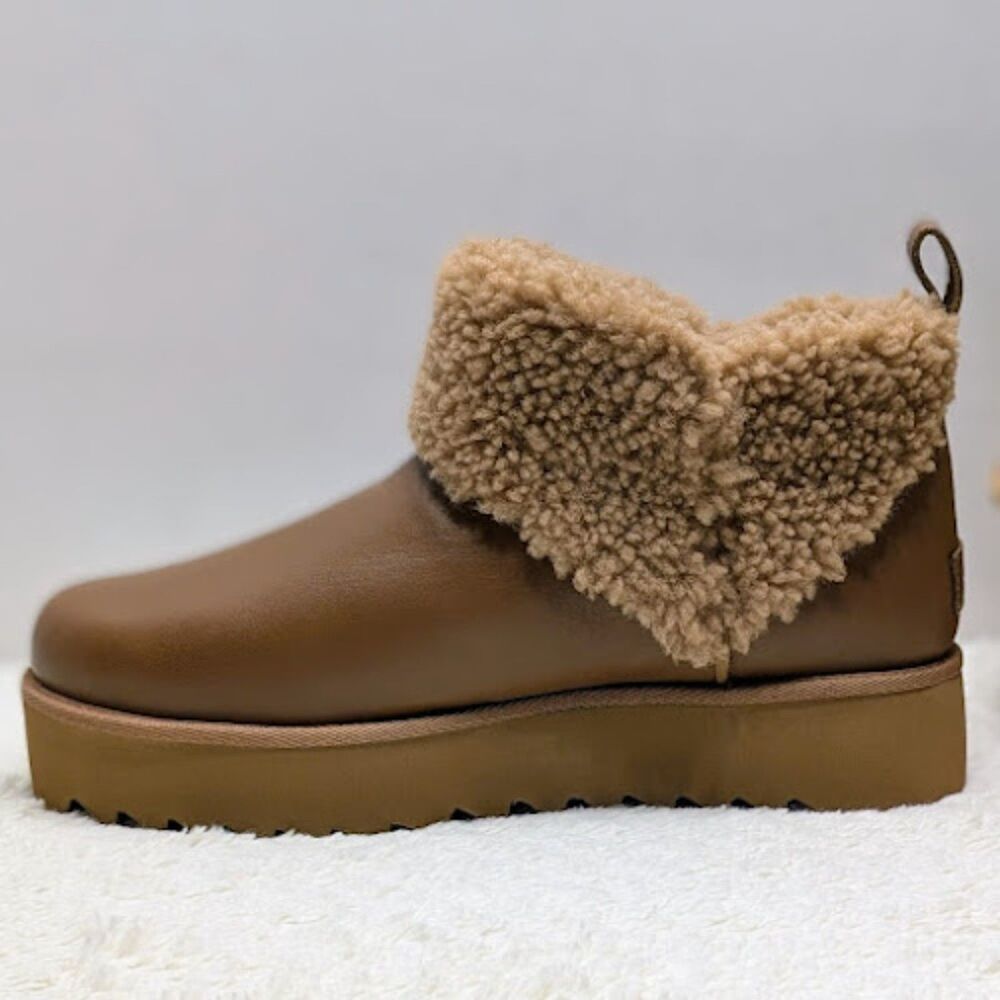 UGG Chestnut Ultra Mini Alina Curled Genuine Shearling Platform Boots W10 *NEW* - Picture 8 of 12